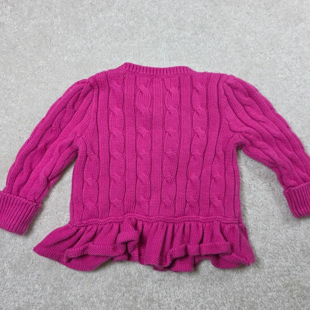 Ralph Lauren Cardigan Girls 6M Pink Cable Knit Peplum Ruffle Button Frnt Sweater